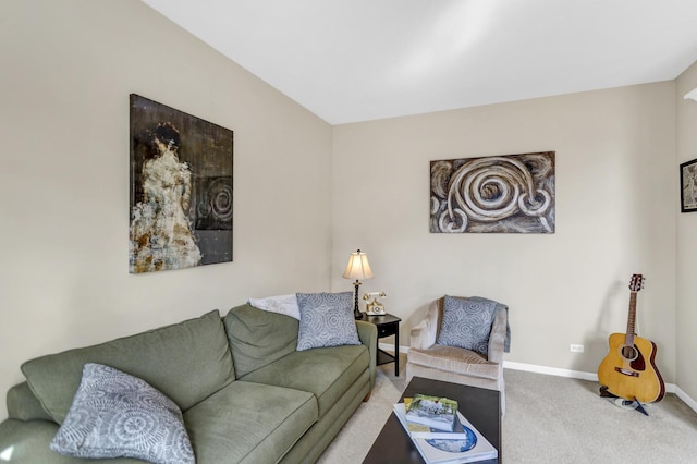 carpeted living room featuring baseboards