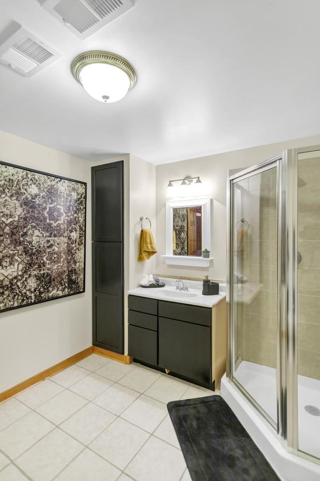 full bathroom with vanity, visible vents, tile patterned flooring, and a shower stall