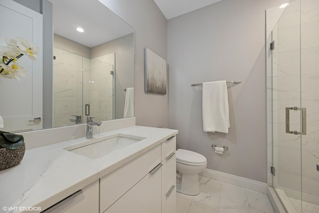 full bath with a marble finish shower, toilet, baseboards, marble finish floor, and vanity