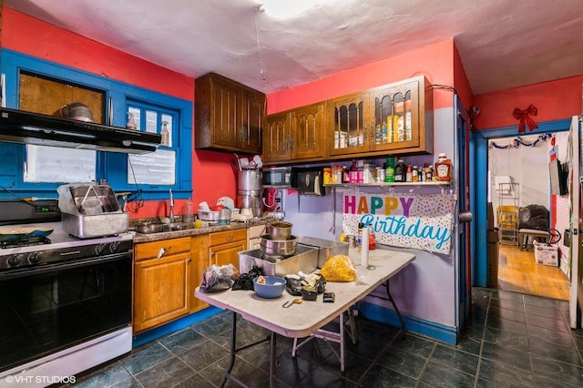 8119 S Escanaba Ave, Chicago, IL 60617 - kitchen featuring range with gas stovetop, extractor fan, and brown cabinets