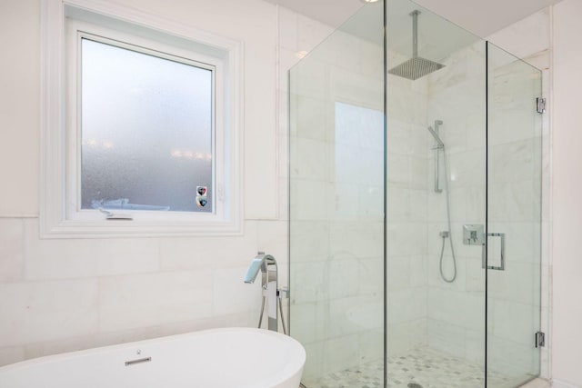 bathroom featuring a freestanding bath and a stall shower
