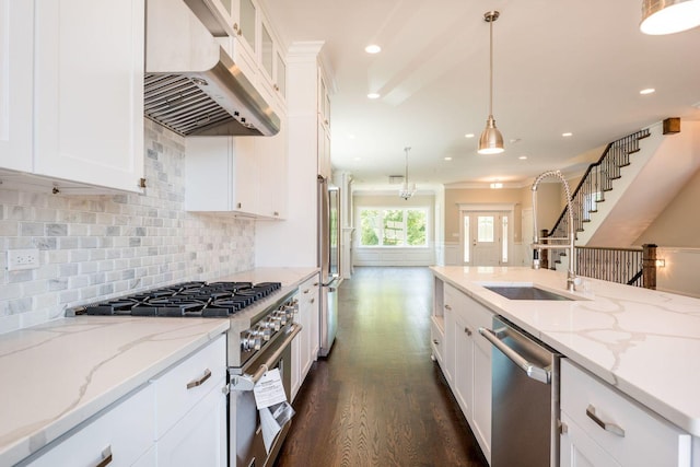 kitchen featuring high end appliances, under cabinet range hood, a sink, tasteful backsplash, and dark wood-style flooring