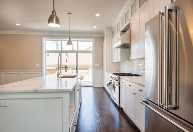 kitchen with a decorative wall, crown molding, premium appliances, a sink, and under cabinet range hood