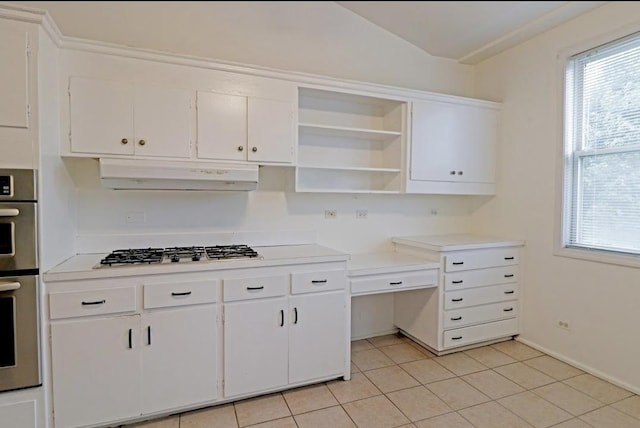 1811 Emerson St, Evanston, IL 60201 - kitchen with white cabinets, appliances with stainless steel finishes, open shelves, and under cabinet range hood