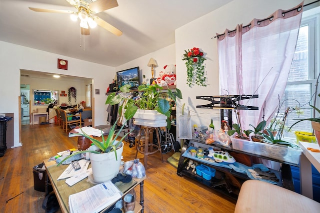 living area with ceiling fan and wood finished floors