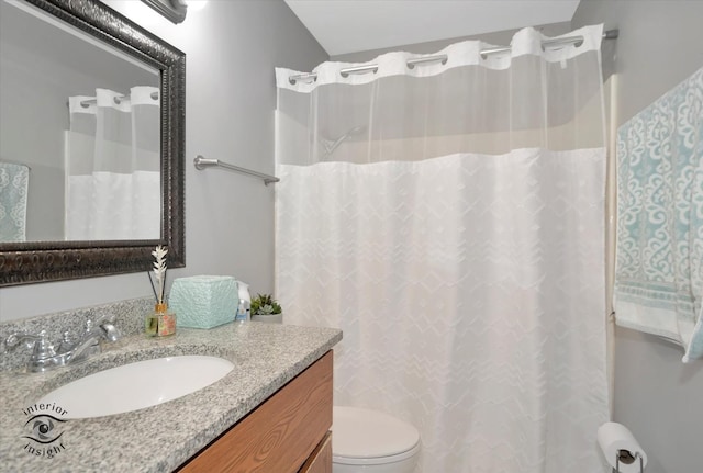 bathroom featuring toilet, curtained shower, and vanity