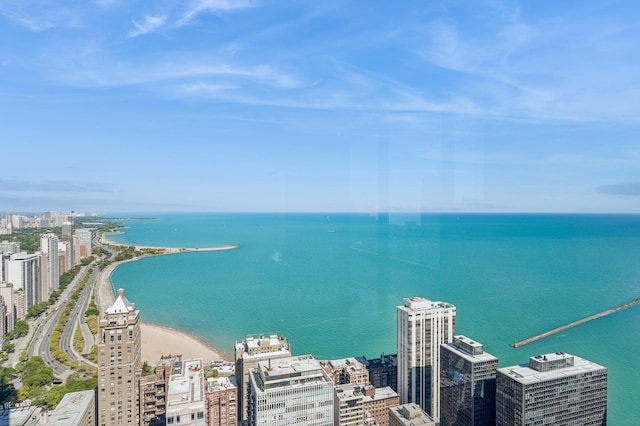 bird's eye view with a water view and a view of city