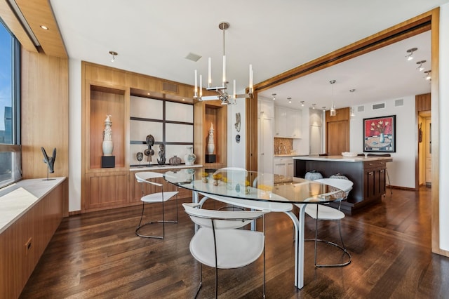 dining area with recessed lighting, visible vents, baseboards, and dark wood-style flooring