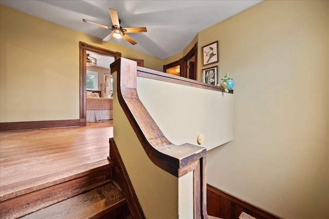 staircase with a ceiling fan and wood finished floors