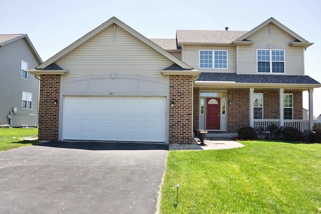661 Bluebonnett Dr, Aurora, IL 60505 - traditional-style home with brick siding, asphalt driveway, a garage, a front yard, and roof with shingles