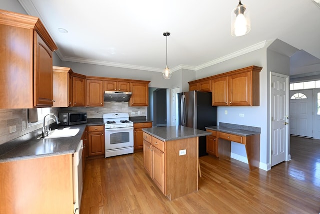 661 Bluebonnett Dr, Aurora, IL 60505 - kitchen featuring stainless steel appliances, a sink, a kitchen island, decorative backsplash, and under cabinet range hood