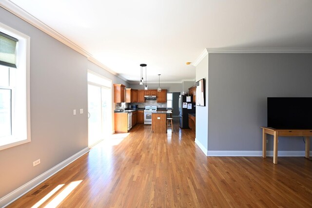 661 Bluebonnett Dr, Aurora, IL 60505 - unfurnished living room with ornamental molding, light wood-style flooring, and baseboards