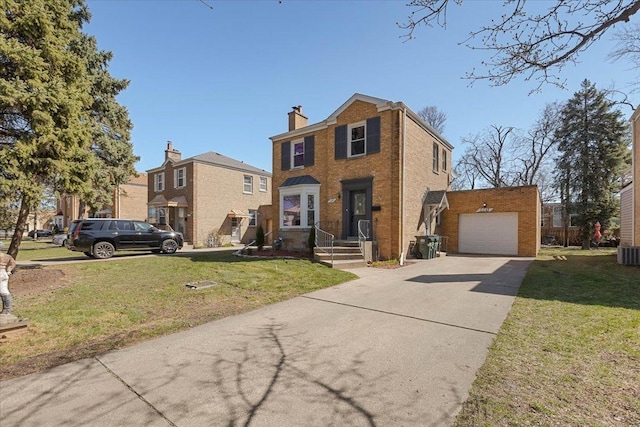 7241 N Kilpatrick Ave, Lincolnwood, IL 60712 - traditional-style home featuring central AC, concrete driveway, a chimney, a front yard, and brick siding