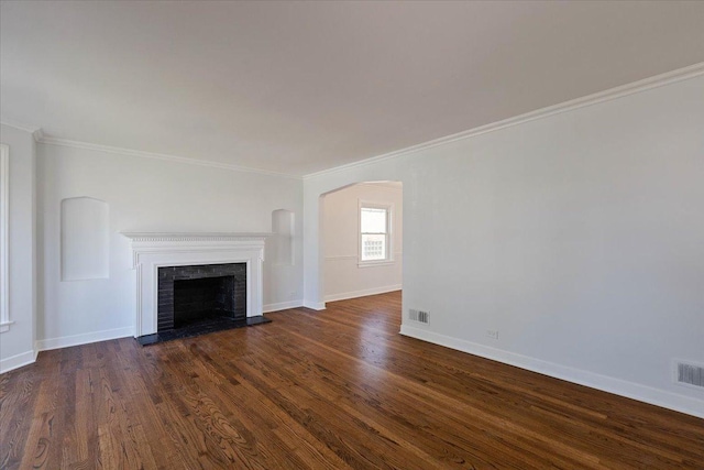7241 N Kilpatrick Ave, Lincolnwood, IL 60712 - unfurnished living room with baseboards, visible vents, a fireplace, and ornamental molding