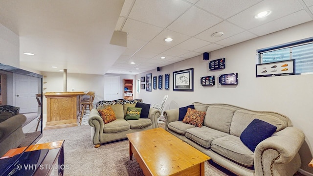 1734 Nashville Ln, Crystal Lake, IL 60014 - living room featuring recessed lighting, bar, a drop ceiling, and light carpet