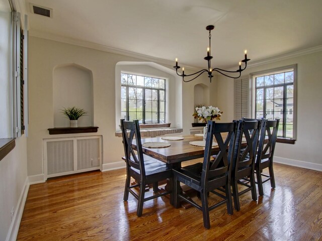 517 S Washington St, Wheaton, IL 60187 - dining area with visible vents, an inviting chandelier, radiator heating unit, wood finished floors, and ornamental molding