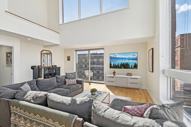 living area featuring light wood finished floors and a towering ceiling