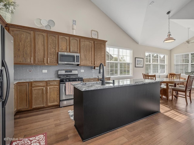 1683 Briarheath Dr, Aurora, IL 60505 - kitchen with stainless steel appliances, high vaulted ceiling, a sink, and light wood finished floors