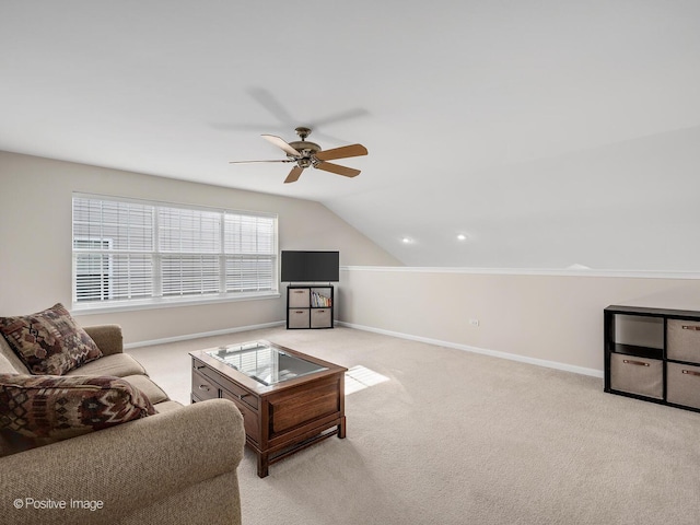 1683 Briarheath Dr, Aurora, IL 60505 - carpeted living area with baseboards, a ceiling fan, and lofted ceiling