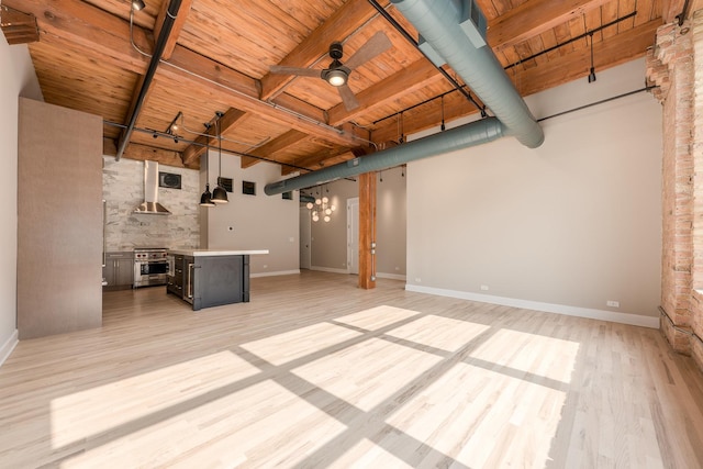 unfurnished living room featuring wooden ceiling, beam ceiling, ceiling fan, and light wood-type flooring