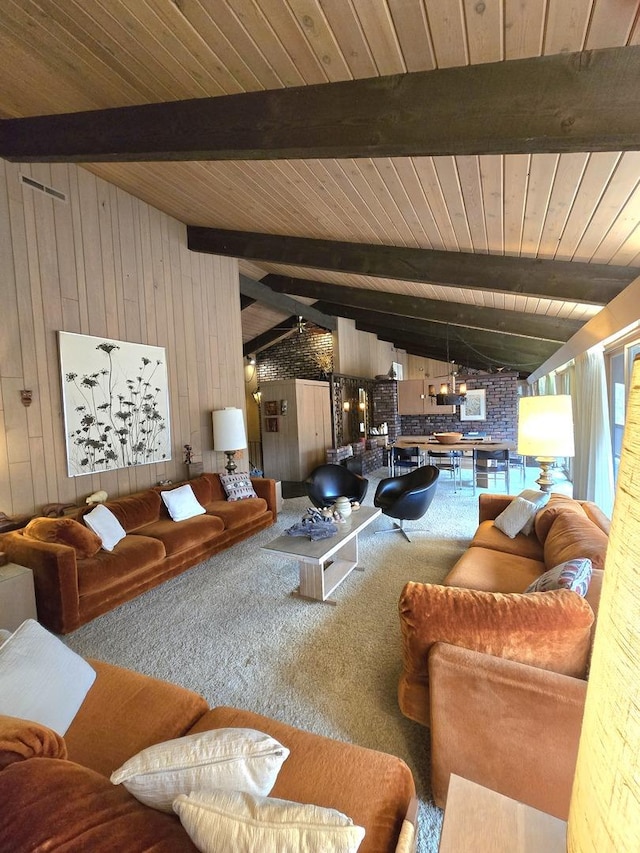 12211 S 93rd Ave, Palos Park, IL 60464 - carpeted living room featuring wood walls and wooden ceiling