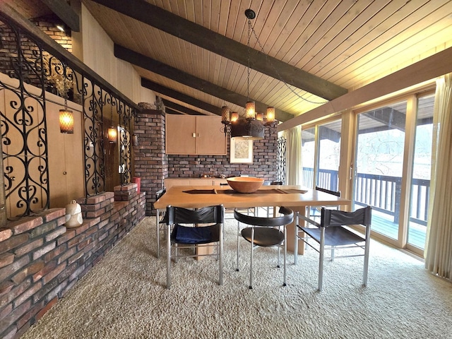 12211 S 93rd Ave, Palos Park, IL 60464 - carpeted dining space with wood ceiling, brick wall, and a chandelier