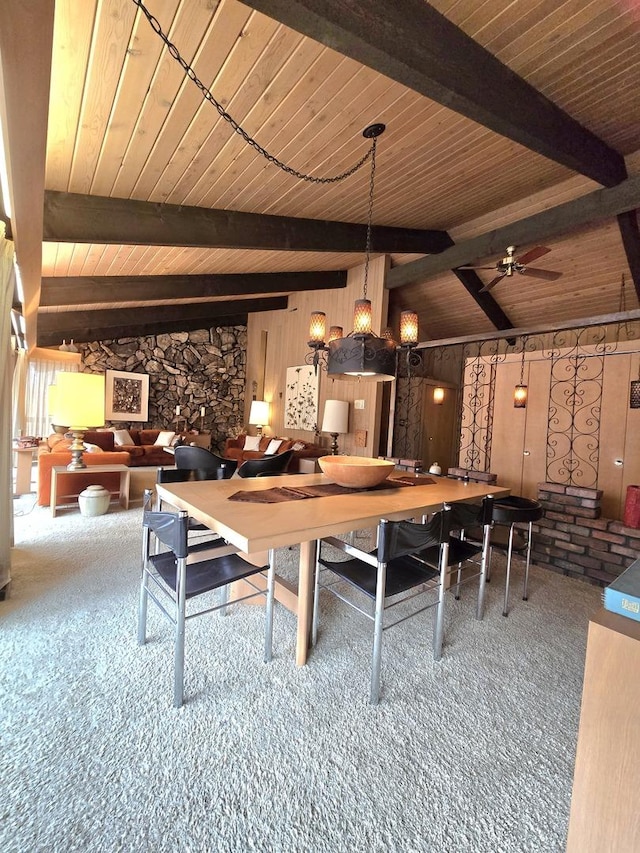 12211 S 93rd Ave, Palos Park, IL 60464 - carpeted dining space with wood ceiling, wooden walls, and a ceiling fan