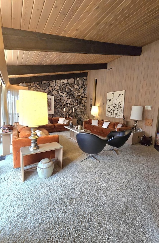 12211 S 93rd Ave, Palos Park, IL 60464 - living room featuring beam ceiling, carpet, wood ceiling, and wooden walls