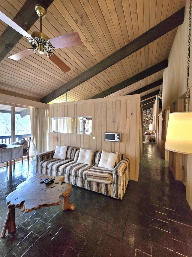 12211 S 93rd Ave, Palos Park, IL 60464 - living area featuring wooden walls, a ceiling fan, and wood ceiling