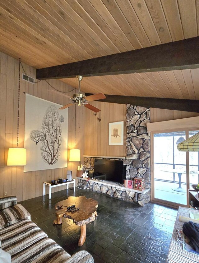 12211 S 93rd Ave, Palos Park, IL 60464 - living area featuring wooden walls, stone tile flooring, ceiling fan, and wood ceiling