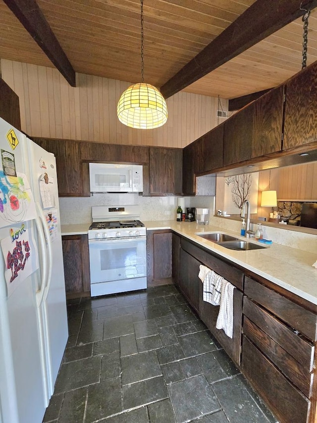 12211 S 93rd Ave, Palos Park, IL 60464 - kitchen with white appliances, a sink, stone tile flooring, wooden ceiling, and light countertops
