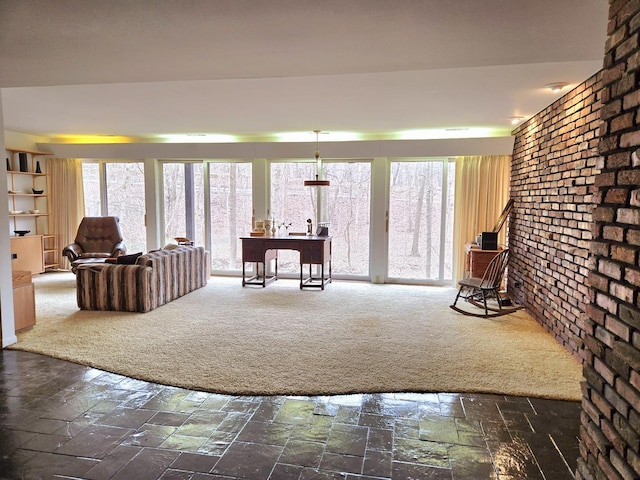 12211 S 93rd Ave, Palos Park, IL 60464 - living area featuring a wood stove, stone tile flooring, an office area, and dark carpet