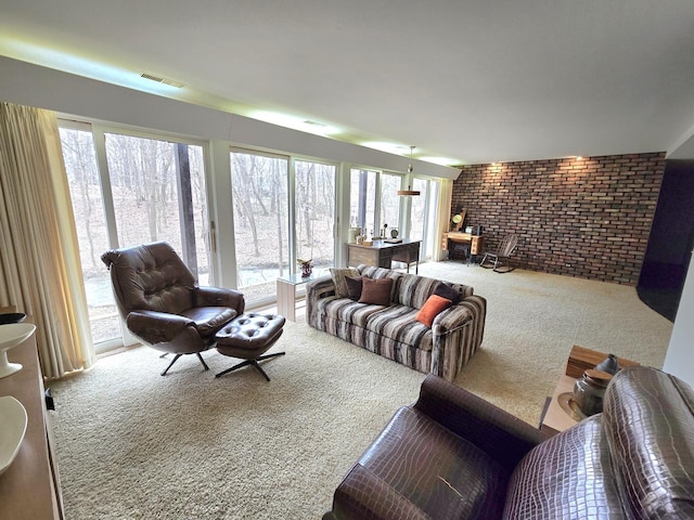 12211 S 93rd Ave, Palos Park, IL 60464 - living room with carpet flooring, brick wall, and plenty of natural light