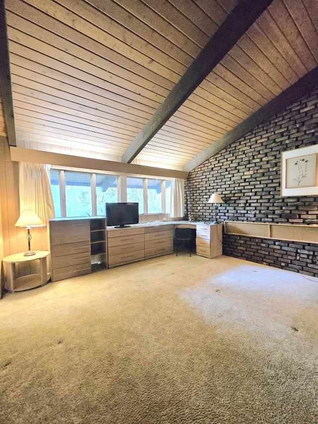 12211 S 93rd Ave, Palos Park, IL 60464 - unfurnished living room featuring brick wall, carpet flooring, and wooden ceiling