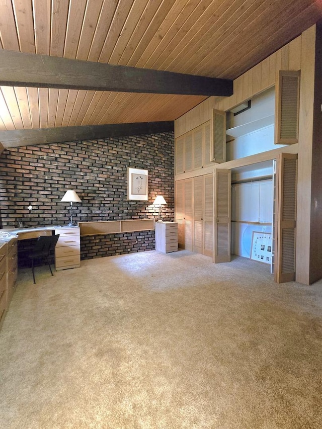 12211 S 93rd Ave, Palos Park, IL 60464 - unfurnished living room featuring brick wall, carpet flooring, and wooden ceiling
