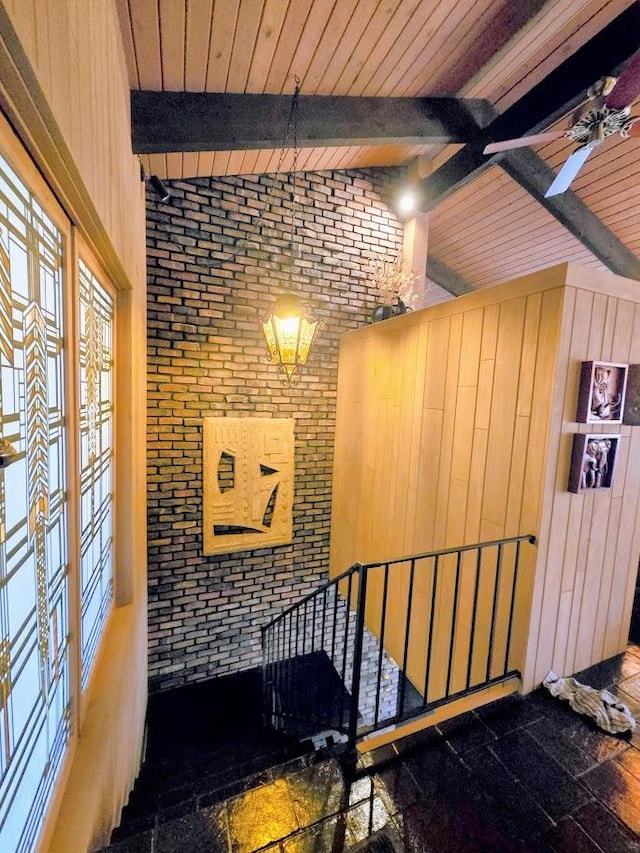 12211 S 93rd Ave, Palos Park, IL 60464 - staircase with brick wall, wood walls, and ceiling fan