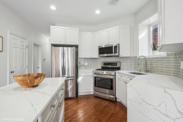 3705 N Paulina St Unit 3, Chicago, IL 60613 - kitchen featuring light stone countertops, appliances with stainless steel finishes, a sink, white cabinetry, and visible vents