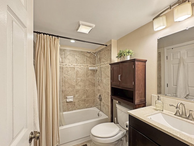 full bath featuring vanity, visible vents, toilet, recessed lighting, and shower / bath combo