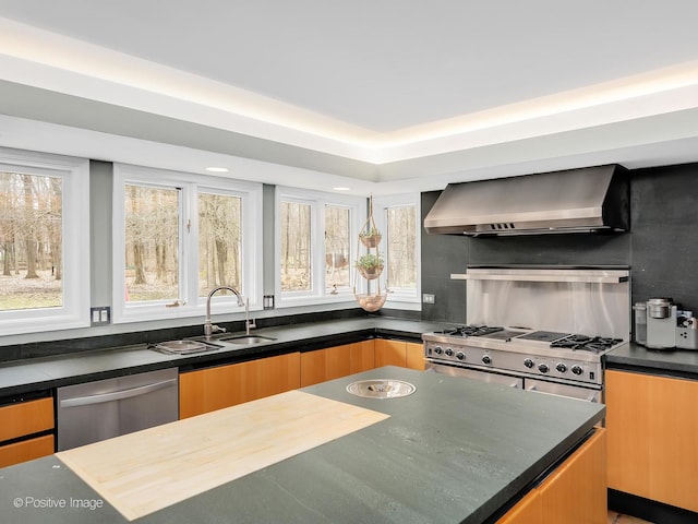 kitchen featuring wall chimney exhaust hood, stainless steel appliances, a sink, dark countertops, and modern cabinets