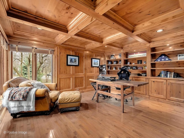office space featuring light wood-type flooring, wooden ceiling, wood walls, ornamental molding, and beam ceiling