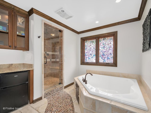 full bath with a bath, baseboards, visible vents, a shower stall, and ornamental molding
