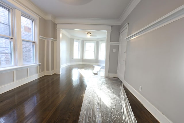interior space featuring dark wood-type flooring, a healthy amount of sunlight, and ornate columns