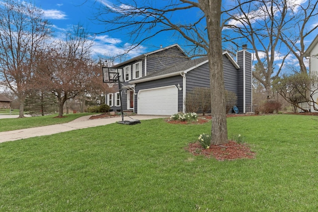 view of side of home featuring a lawn, a chimney, and concrete driveway