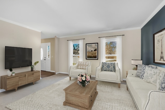 carpeted living room featuring baseboards and ornamental molding