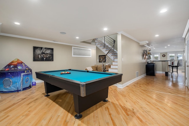 recreation room with ornamental molding, pool table, recessed lighting, light wood finished floors, and baseboards
