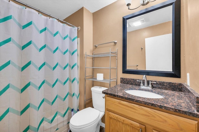 full bath with visible vents, toilet, curtained shower, and vanity