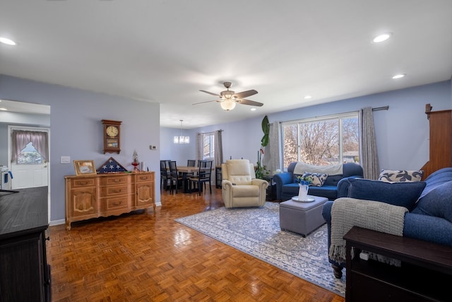 2532 Lee St, Woodridge, IL 60517 - living area featuring recessed lighting and ceiling fan with notable chandelier