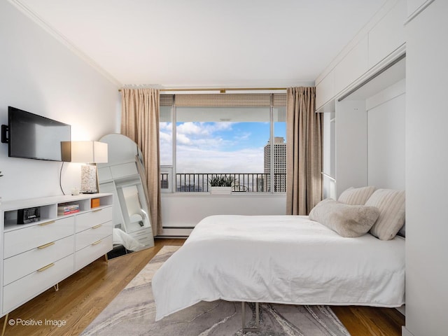 bedroom featuring wood finished floors and ornamental molding
