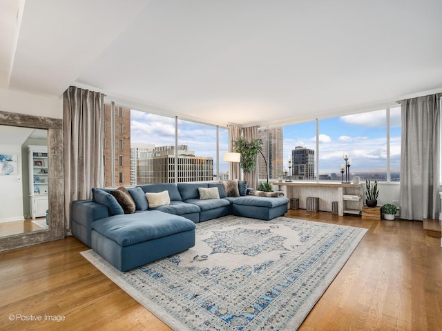 living area featuring a wall of windows, a city view, and wood finished floors