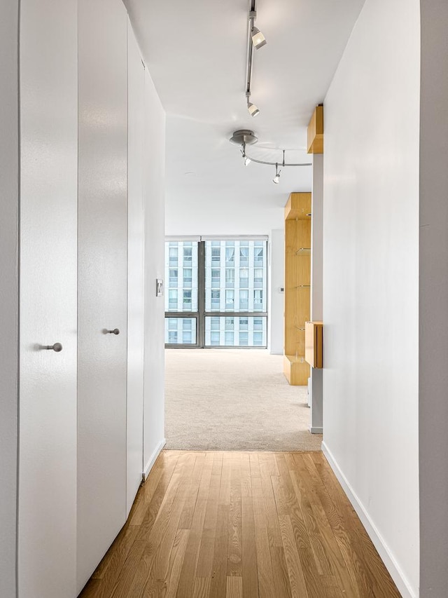 corridor with rail lighting, wood finished floors, and baseboards